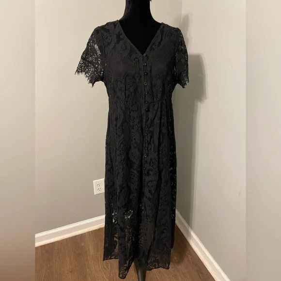 Torrid Maxi Lace Dress Button Front A-Line Sz 00 (M) Black Witchy Dark Goth Long - Picture 5 of 9